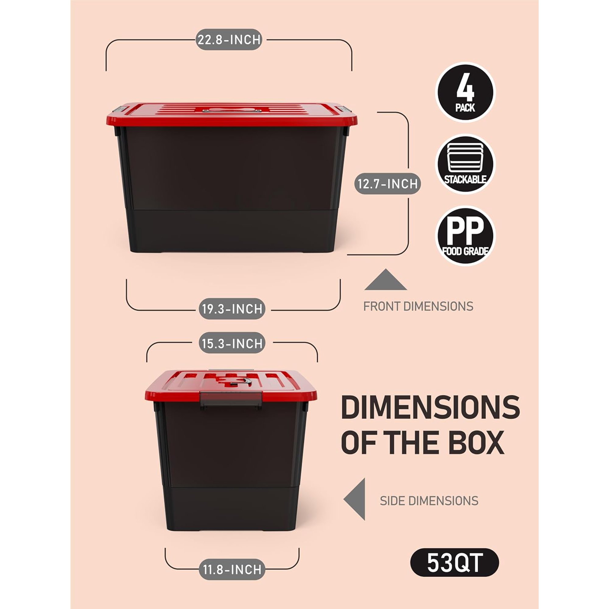 WYT 53 Quart Stackable Storage Bins Black and Red